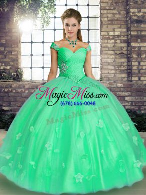 Turquoise and Apple Green Sleeveless Floor Length Beading and Appliques Lace Up Quinceanera Dress