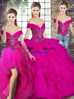 Artistic Off The Shoulder Sleeveless Lace Up 15th Birthday Dress Fuchsia Tulle