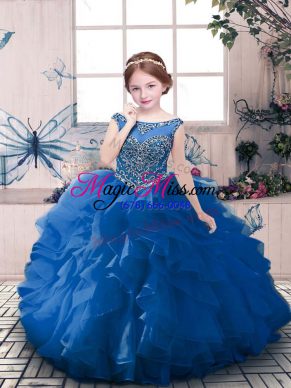 Blue Sleeveless Beading and Ruffles Floor Length Little Girls Pageant Dress