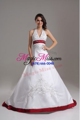 Glamorous White Wedding Dress Satin Brush Train Sleeveless Beading and Embroidery