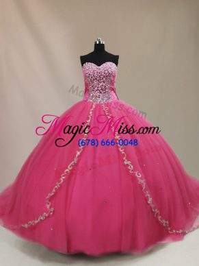 Hot Pink Vestidos de Quinceanera Tulle Court Train Sleeveless Beading