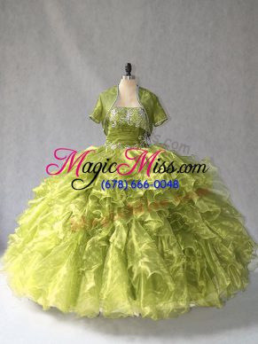 Fantastic Olive Green Organza Lace Up 15th Birthday Dress Sleeveless Floor Length Beading and Ruffles