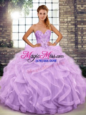 Stunning Sweetheart Sleeveless Quince Ball Gowns Floor Length Beading and Ruffles Lavender Tulle