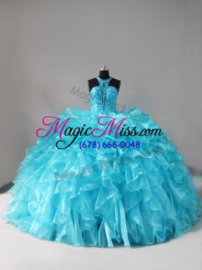 Ball Gowns Sleeveless Aqua Blue Quinceanera Gowns Brush Train Lace Up