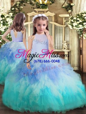 High End Multi-color Tulle Backless High-neck Sleeveless Floor Length Child Pageant Dress Beading and Ruffles