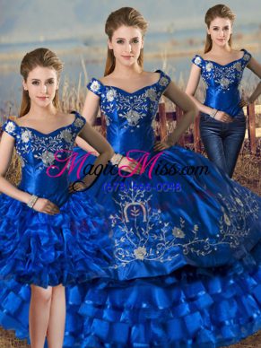 Fashionable Royal Blue Lace Up Off The Shoulder Embroidery and Ruffled Layers Quinceanera Gown Satin and Organza Sleeveless