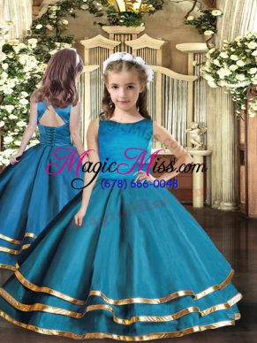 Charming Scoop Sleeveless Little Girls Pageant Dress Wholesale Floor Length Ruffled Layers Teal Organza