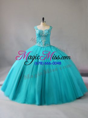 Straps Sleeveless Zipper Quinceanera Dresses Aqua Blue Tulle