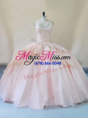 Flare Peach Sleeveless Tulle Lace Up 15th Birthday Dress for Sweet 16 and Quinceanera