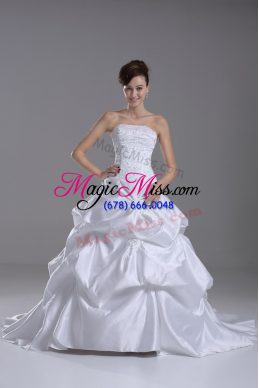 Great Beading and Pick Ups Wedding Dresses White Lace Up Sleeveless Brush Train