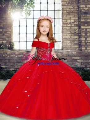 Ball Gowns Child Pageant Dress Red Straps Tulle Sleeveless Floor Length Lace Up