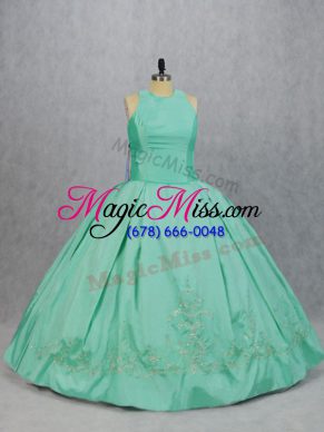 Classical Sleeveless Satin Floor Length Zipper Quinceanera Gown in Apple Green with Embroidery