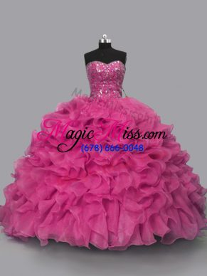 Exquisite Hot Pink Sweet 16 Quinceanera Dress Sweet 16 and Quinceanera with Beading Sweetheart Sleeveless Lace Up