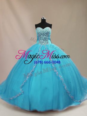 Aqua Blue Sleeveless Tulle Court Train Lace Up Sweet 16 Dresses for Sweet 16 and Quinceanera