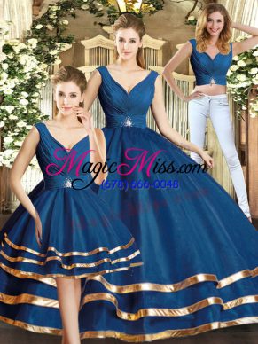 Artistic V-neck Sleeveless Backless Quince Ball Gowns Navy Blue Tulle