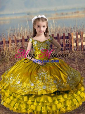 Brown Off The Shoulder Lace Up Embroidery and Ruffled Layers Little Girl Pageant Gowns Sleeveless