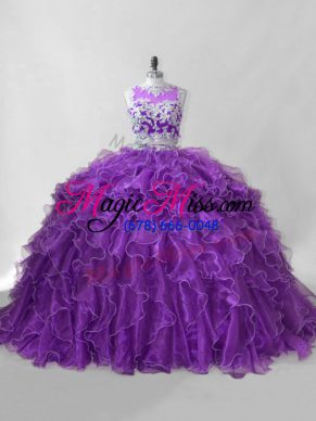 Purple Scoop Zipper Beading and Ruffles Sweet 16 Quinceanera Dress Brush Train Sleeveless