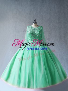 Lovely Apple Green Ball Gowns Beading Quinceanera Gown Lace Up Tulle Long Sleeves Floor Length