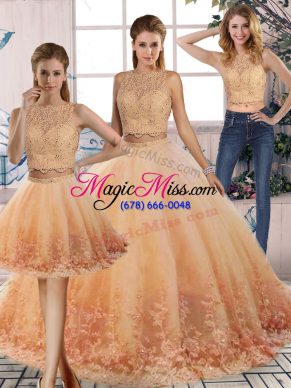 Peach Sweet 16 Quinceanera Dress Military Ball and Sweet 16 and Quinceanera with Lace Scalloped Sleeveless Sweep Train Backless