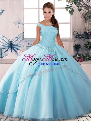 Fancy Light Blue Quinceanera Gown Off The Shoulder Sleeveless Brush Train Lace Up