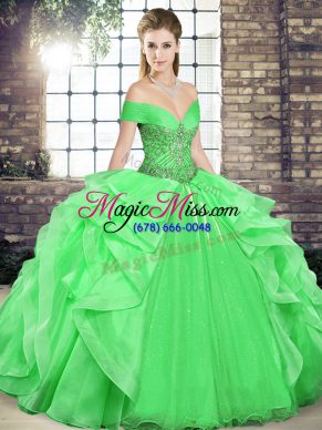 Vintage Green Organza Lace Up Off The Shoulder Sleeveless Floor Length 15th Birthday Dress Beading and Ruffles