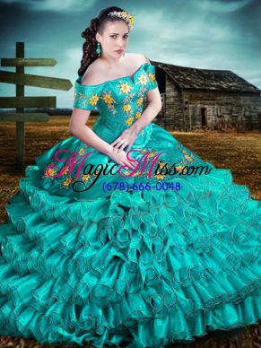 Graceful Sleeveless Floor Length Embroidery and Ruffles Lace Up Sweet 16 Dress with Turquoise