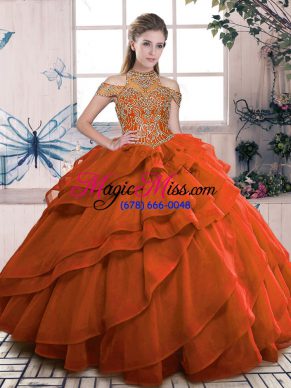 Ball Gowns Quinceanera Gown Orange High-neck Organza Sleeveless Floor Length Lace Up