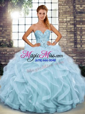 Light Blue Sweetheart Neckline Beading and Ruffles Quinceanera Gowns Sleeveless Lace Up