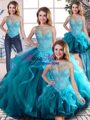 Classical Aqua Blue Scoop Lace Up Beading and Ruffles Quinceanera Gown Sleeveless