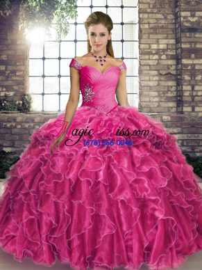 Designer Fuchsia Off The Shoulder Lace Up Beading and Ruffles Ball Gown Prom Dress Brush Train Sleeveless