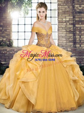 High Class Off The Shoulder Sleeveless Lace Up Quinceanera Gowns Gold Organza