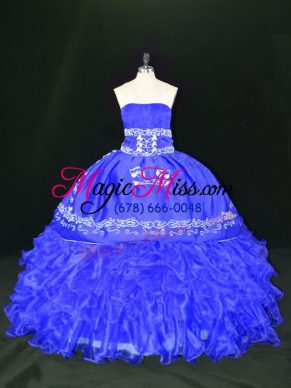 Blue Lace Up Sweet 16 Quinceanera Dress Embroidery and Ruffles Sleeveless Floor Length