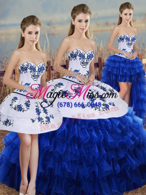 Stylish Embroidery and Ruffled Layers and Bowknot Quince Ball Gowns Royal Blue Lace Up Sleeveless Floor Length