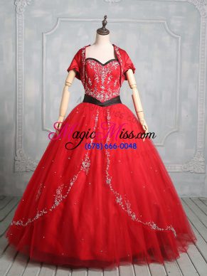 Artistic Red Quinceanera Gown Sweet 16 and Quinceanera with Embroidery Sweetheart Sleeveless Lace Up