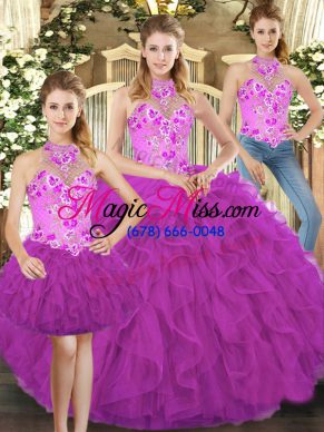 Tulle Sleeveless Floor Length Quince Ball Gowns and Embroidery and Ruffles