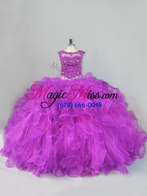 Vintage Purple Ball Gowns Scoop Sleeveless Tulle Floor Length Lace Up Beading and Ruffles Sweet 16 Dresses