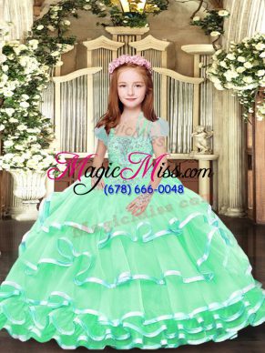 Floor Length Apple Green Pageant Gowns For Girls Straps Sleeveless Lace Up