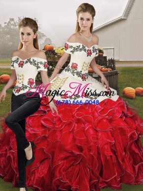 White And Red Off The Shoulder Neckline Embroidery and Ruffles Quinceanera Gowns Sleeveless Lace Up