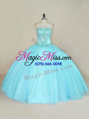 Super Strapless Sleeveless Ball Gown Prom Dress Floor Length Beading Aqua Blue Tulle