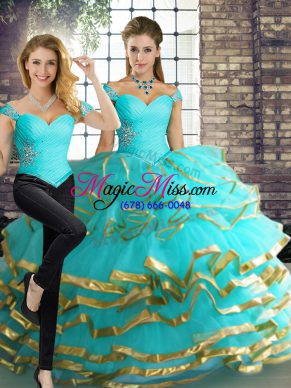 Floor Length Aqua Blue Ball Gown Prom Dress Tulle Sleeveless Beading and Ruffled Layers