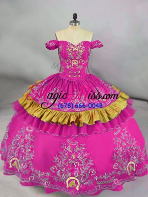 Floor Length Fuchsia Ball Gown Prom Dress Satin Sleeveless Embroidery