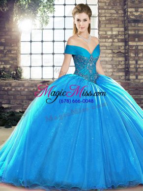 Glittering Blue Sleeveless Beading Lace Up Sweet 16 Dress