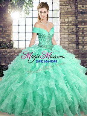 Affordable Off The Shoulder Sleeveless Quince Ball Gowns Brush Train Beading and Ruffles Apple Green Organza