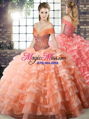 Glamorous Ball Gowns Sleeveless Peach Quinceanera Gown Brush Train Lace Up