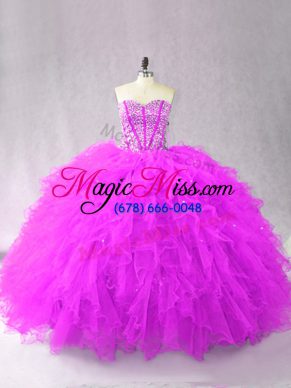 Sleeveless Floor Length Beading and Ruffles Lace Up Sweet 16 Dresses with Purple