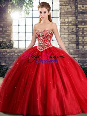 Red Sleeveless Tulle Brush Train Lace Up Quinceanera Dresses for Military Ball and Sweet 16 and Quinceanera