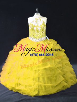 Organza Halter Top Sleeveless Backless Appliques and Pick Ups Quinceanera Gown in Gold