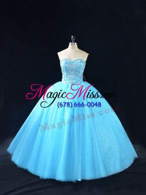 Baby Blue Ball Gowns Sweetheart Sleeveless Tulle Floor Length Lace Up Beading 15th Birthday Dress