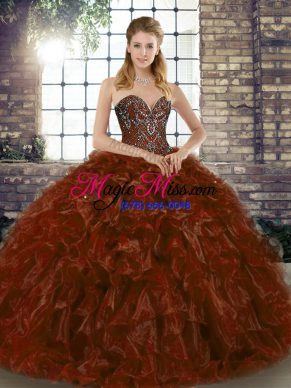Brown Sleeveless Floor Length Beading and Ruffles Lace Up 15th Birthday Dress