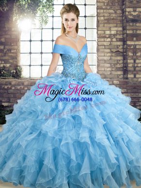 Blue Ball Gown Prom Dress Off The Shoulder Sleeveless Brush Train Lace Up